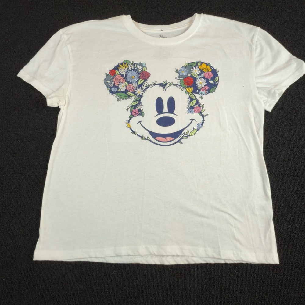 Disney Mickey Mouse Floral T-Shirt Women's Small Embroidered White Top